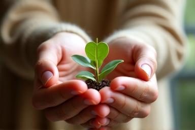 An older and a younger hand holding a small plant.