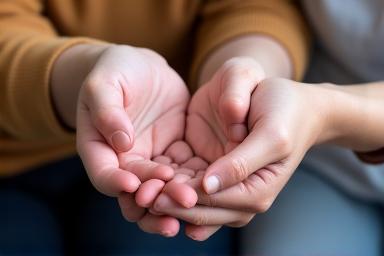 A caregiver's hands gently holding an elderly person's hands.